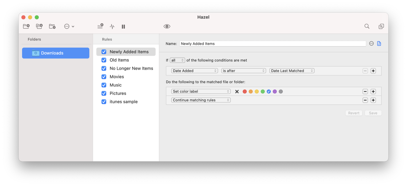 Hazel watch selected folders and trigger rules based on file name, date, type, tags, size, and custom criteria screenshot