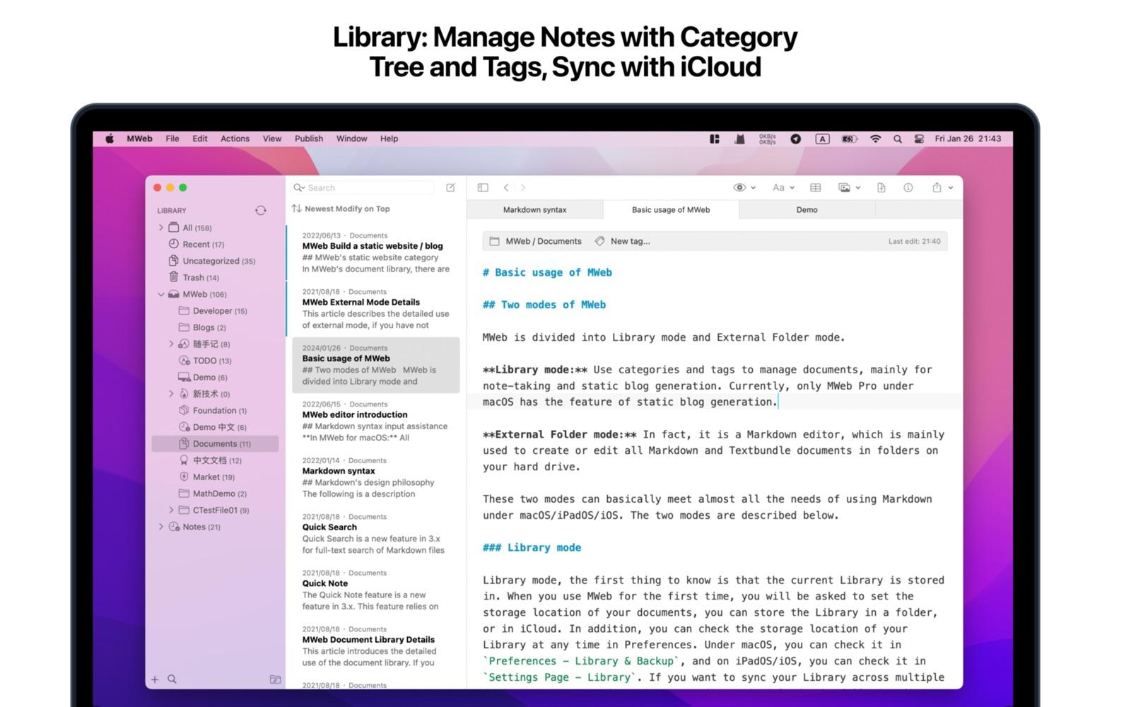 Use both Library mode and External Folder mode to manage notes, docs, and project repositories