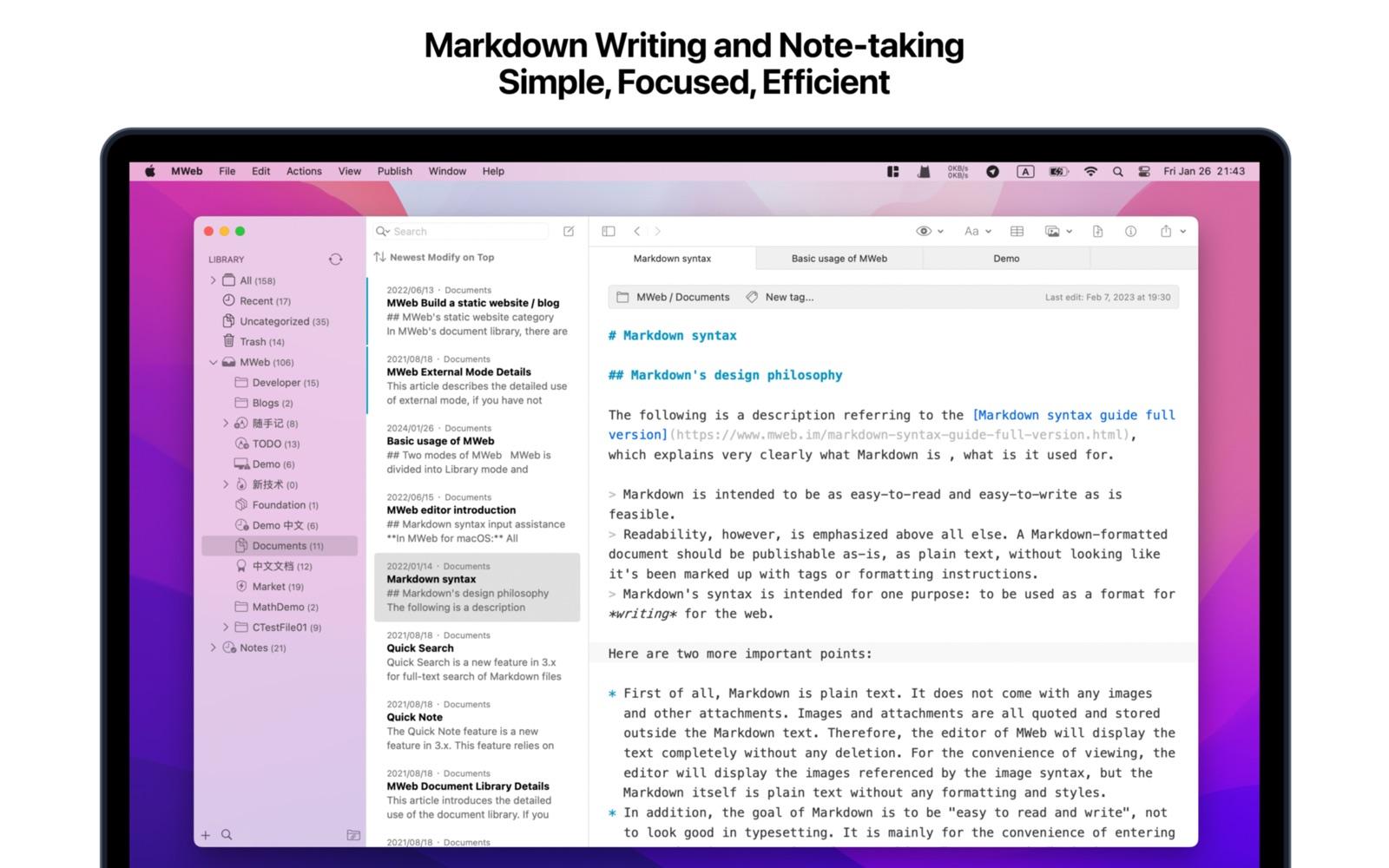 MWeb Pro write with commonmark and gfm support including tables, math, code blocks, task lists, and footnotes screenshot