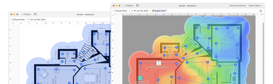Run site surveys and generate visual heatmaps to reveal dead zones, overlap, and interference patterns