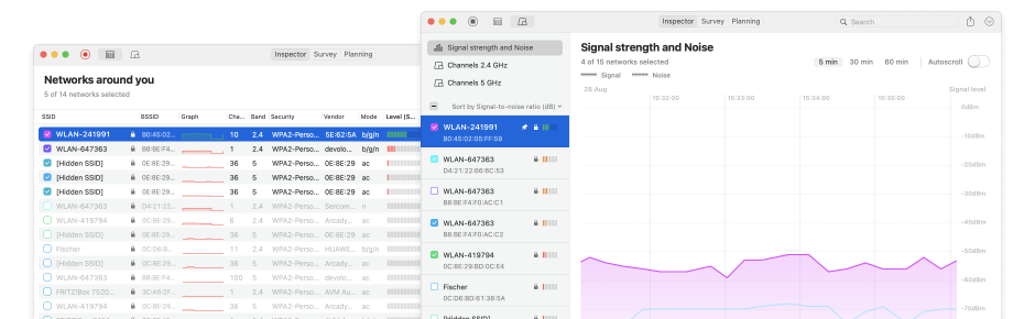 NetSpot inspect surrounding wi-fi networks in real time with channel, signal, frequency, and access-point data screenshot