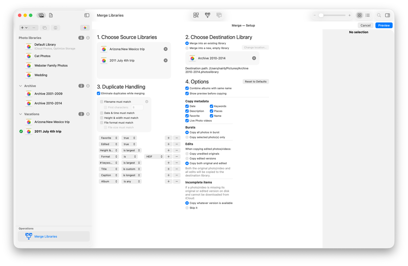Copy or move albums, metadata, and photo sets between libraries without manual export/import loops