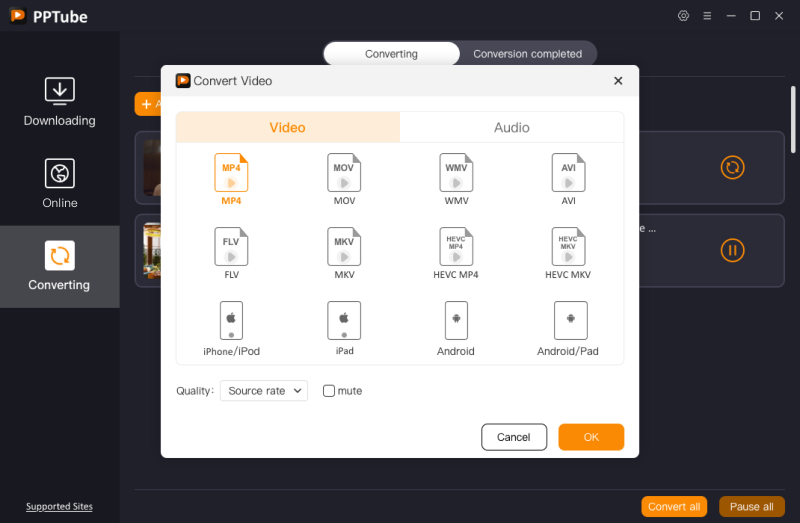 Convert downloaded media to common formats such as MP4, MP3, MOV, and AAC