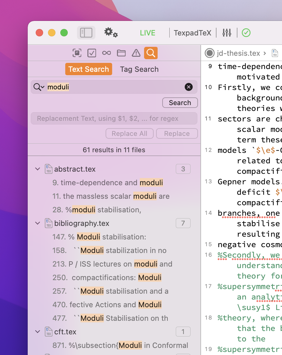 Navigate large multi-file projects with document outline, labels, figures, tables, and TODO indexing