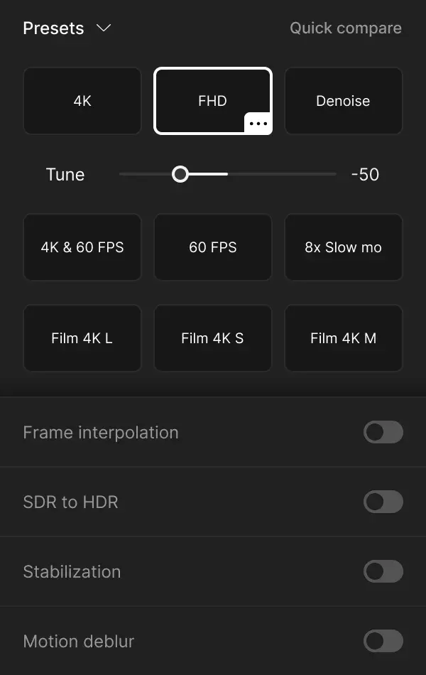 Apply denoise and sharpening passes to recover clarity from compressed, low-light, or older source video