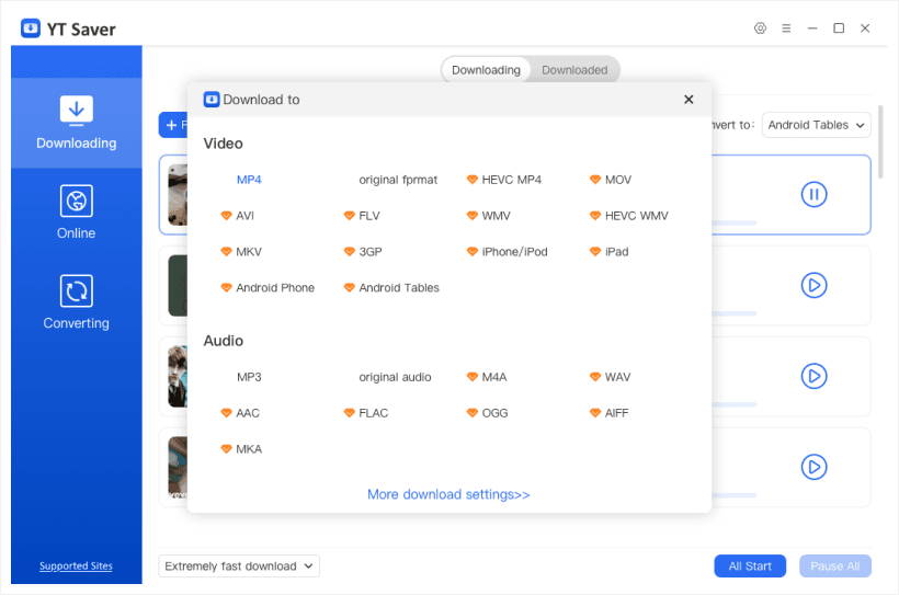YT Saver download individual videos, playlists, and channel content from a large set of supported sites screenshot